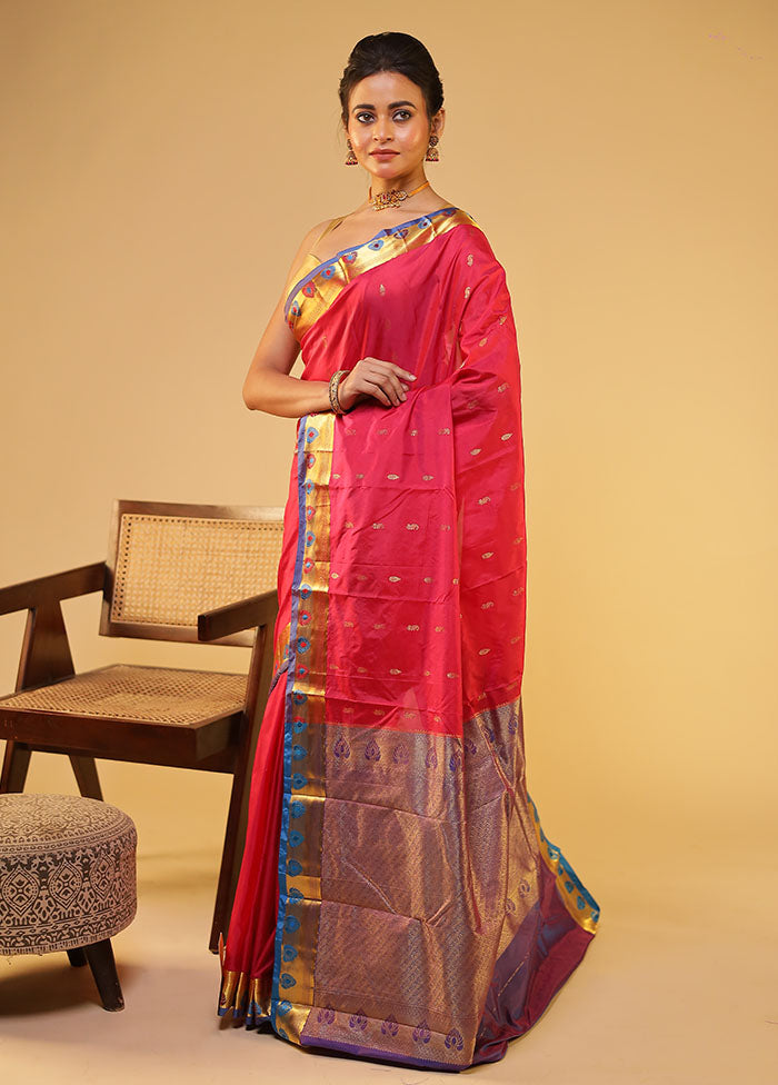 Pink Handloom Kanjivaram Pure Silk Saree With Blouse Piece