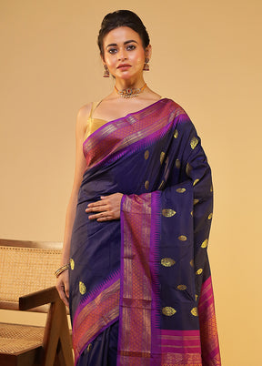 Blue Kanjivaram Silk Saree With Blouse Piece