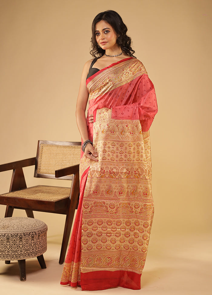 Pink Printed Pure Silk Saree Without Blouse Piece