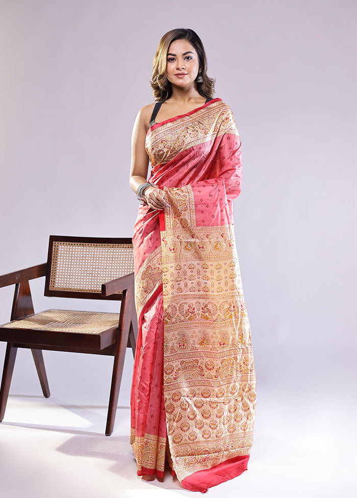 Pink Printed Pure Silk Saree Without Blouse Piece