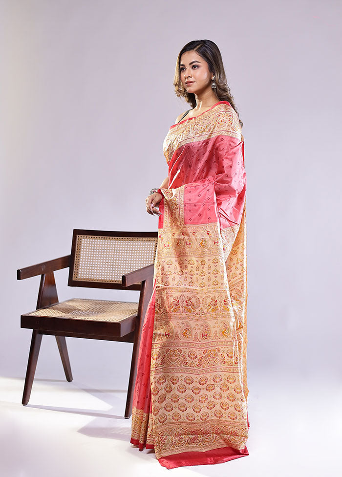 Pink Printed Pure Silk Saree Without Blouse Piece
