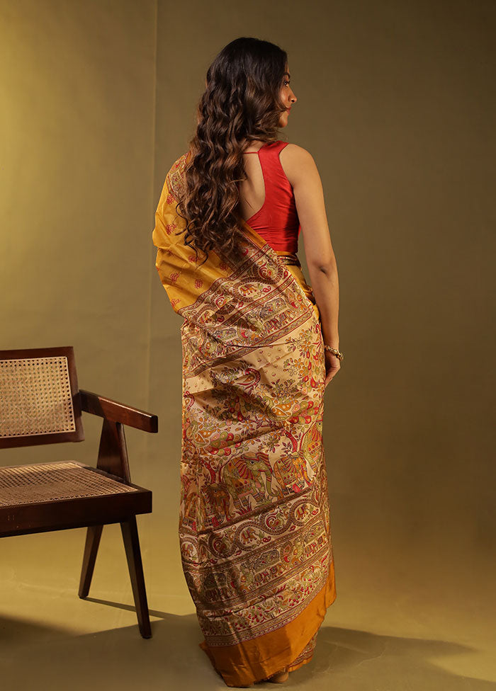 Yellow Printed Pure Silk Saree Without Blouse Piece