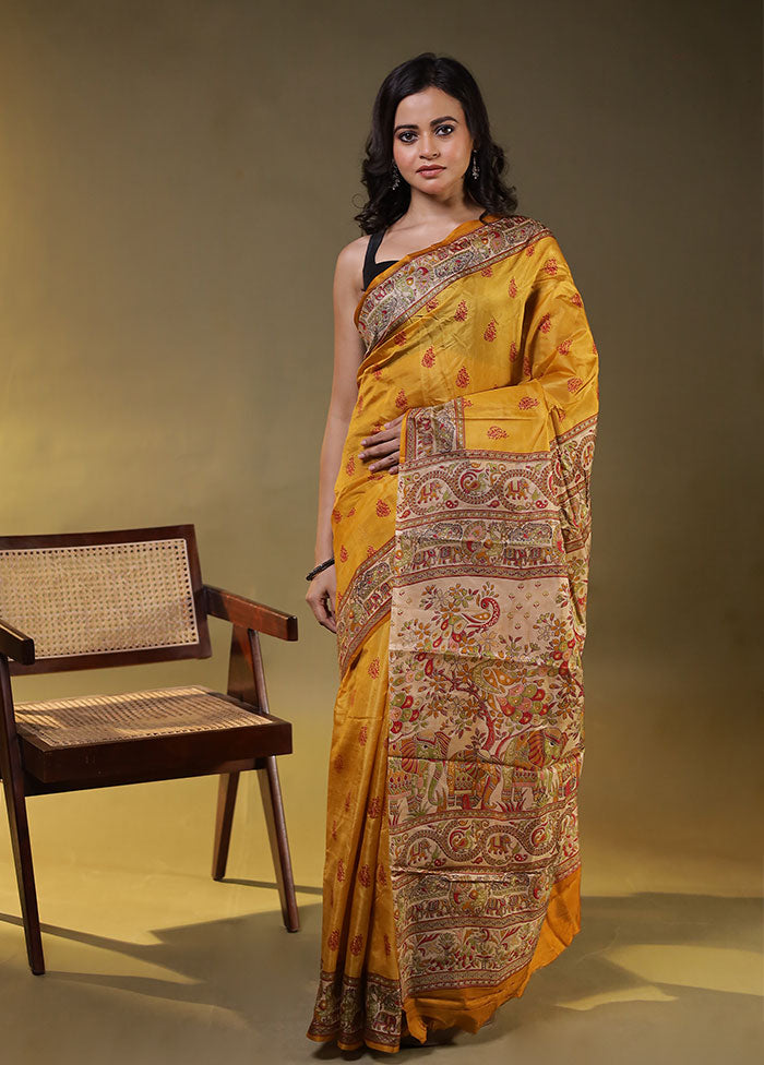 Yellow Printed Pure Silk Saree Without Blouse Piece