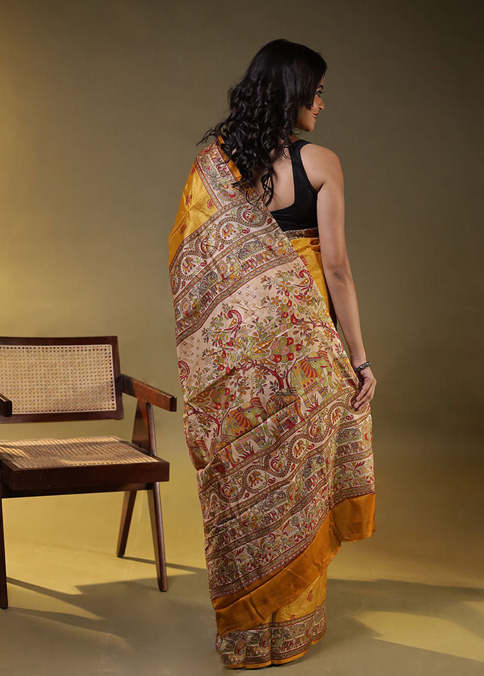 Yellow Printed Pure Silk Saree Without Blouse Piece