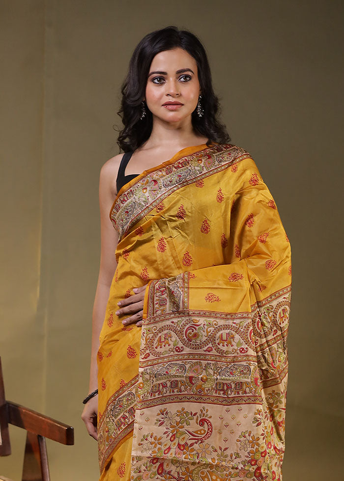 Yellow Printed Pure Silk Saree Without Blouse Piece