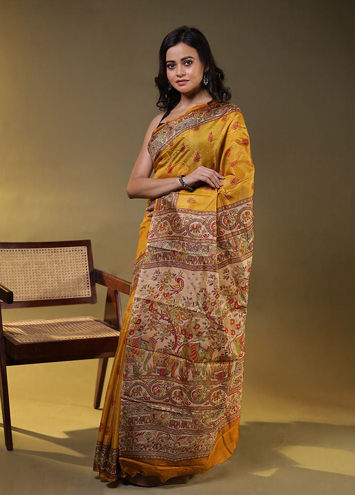 Yellow Printed Pure Silk Saree Without Blouse Piece