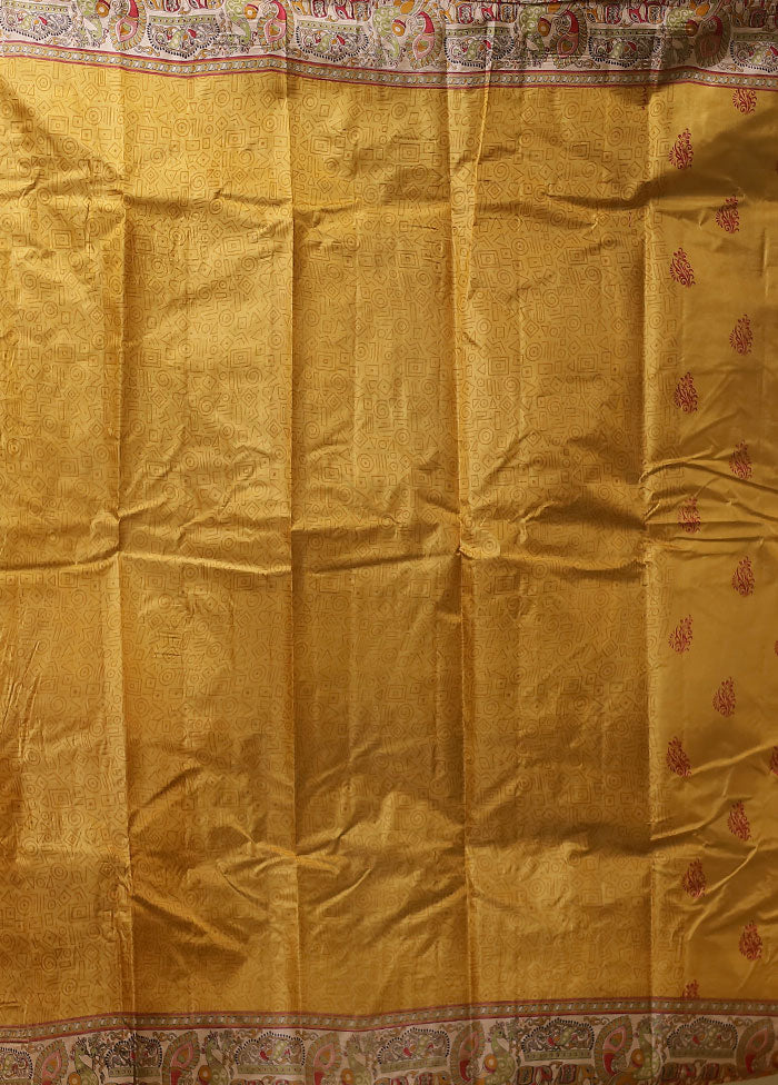 Yellow Printed Pure Silk Saree Without Blouse Piece