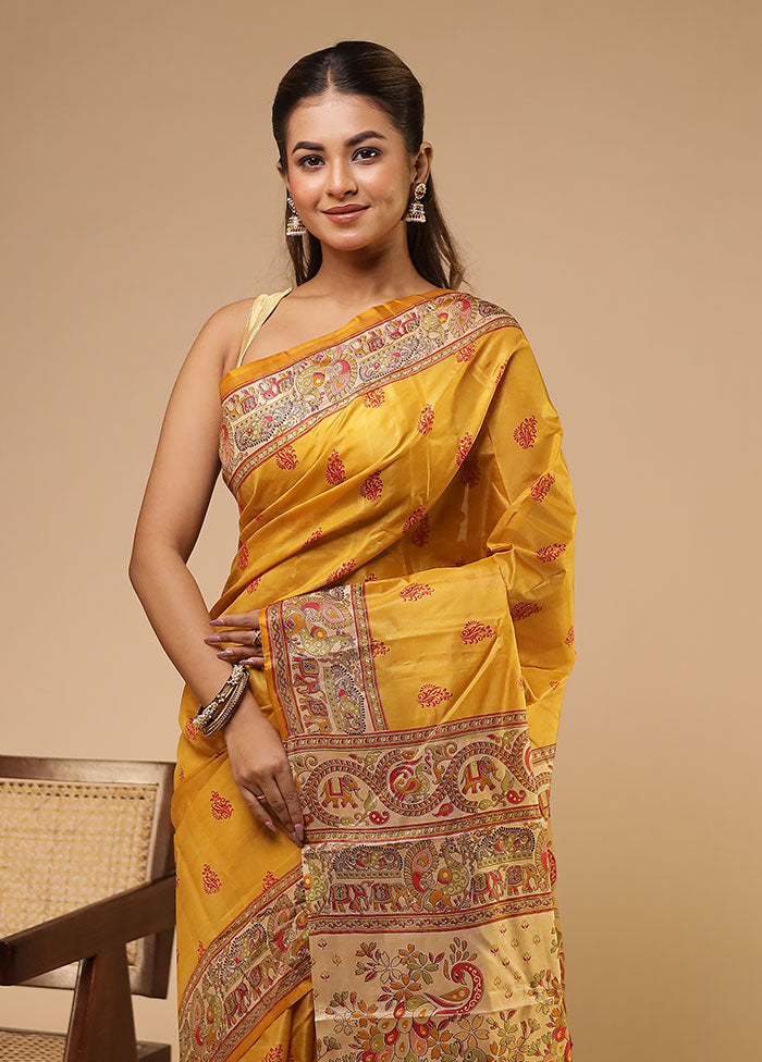 Yellow Printed Pure Silk Saree Without Blouse Piece