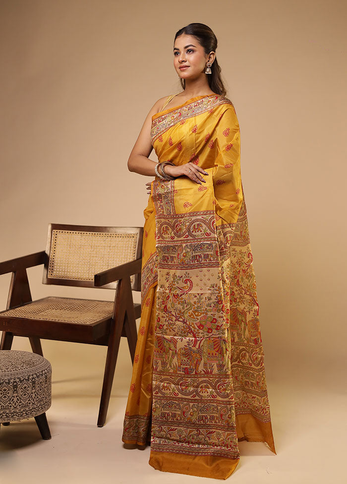 Yellow Printed Pure Silk Saree Without Blouse Piece