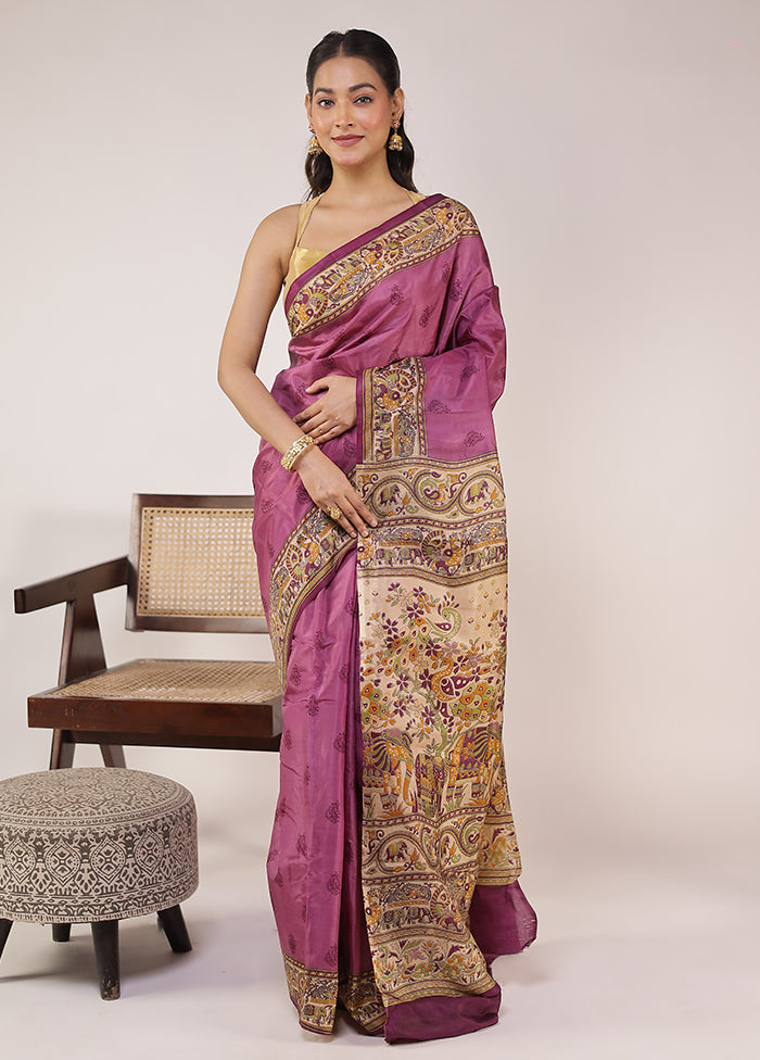 Purple Printed Pure Silk Saree Without Blouse Piece