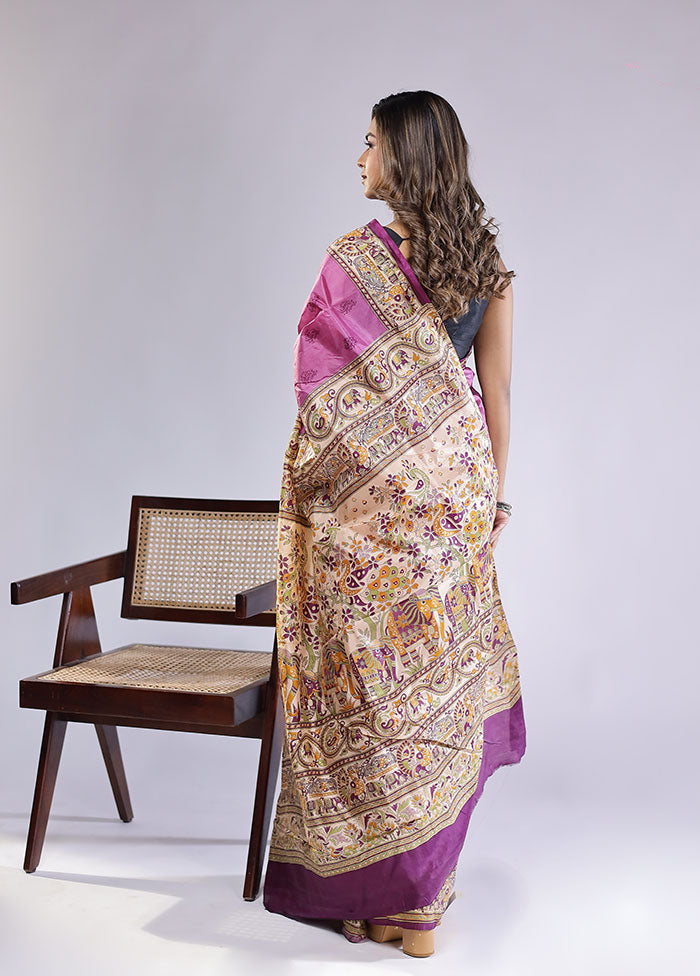 Purple Printed Pure Silk Saree Without Blouse Piece