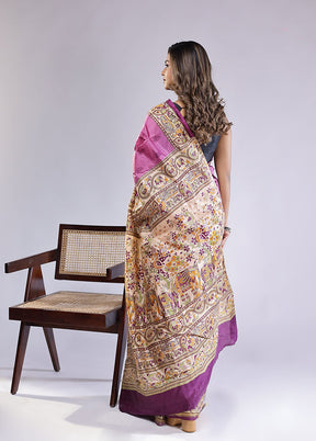 Purple Printed Pure Silk Saree Without Blouse Piece