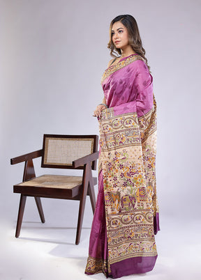 Purple Printed Pure Silk Saree Without Blouse Piece