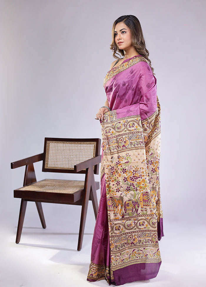 Purple Printed Pure Silk Saree Without Blouse Piece