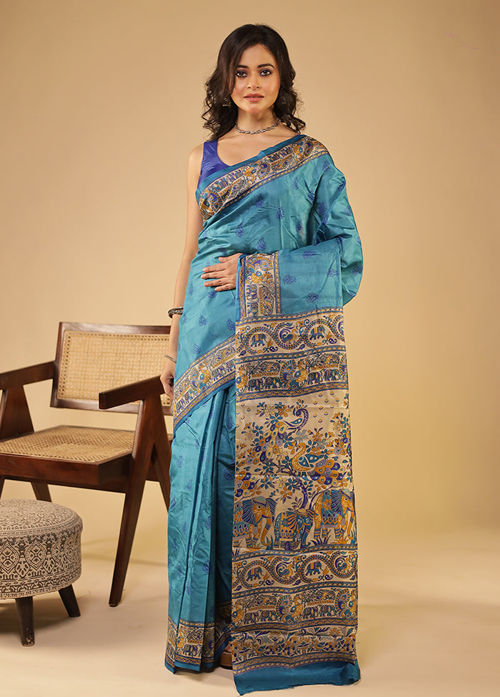 Blue Printed Pure Silk Saree Without Blouse Piece