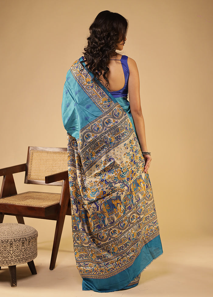 Blue Printed Pure Silk Saree Without Blouse Piece