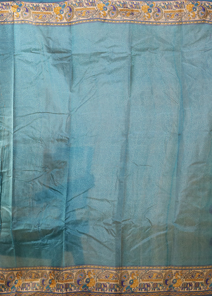 Blue Printed Pure Silk Saree Without Blouse Piece