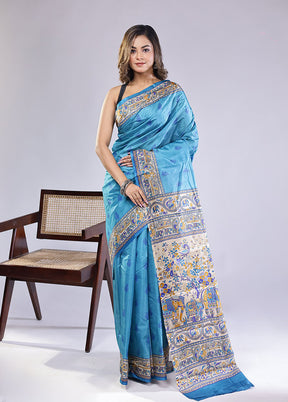 Blue Printed Pure Silk Saree Without Blouse Piece