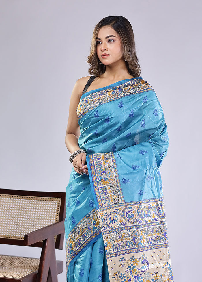 Blue Printed Pure Silk Saree Without Blouse Piece