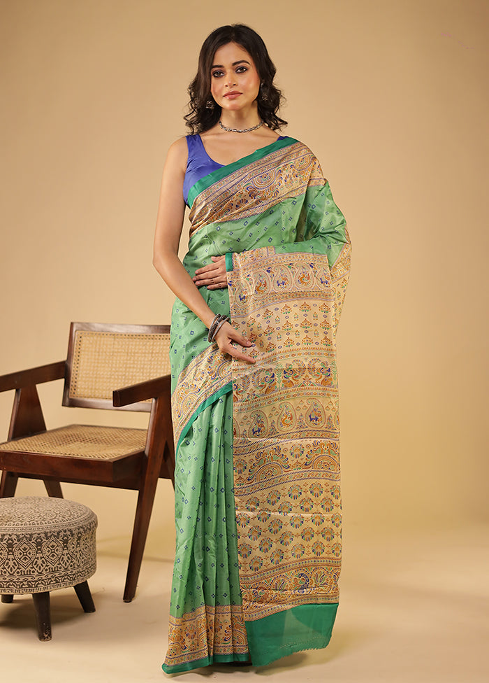 Green Printed Pure Silk Saree Without Blouse Piece