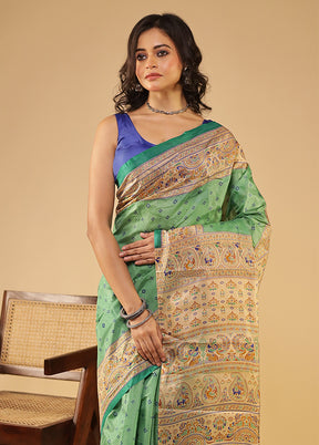 Green Printed Pure Silk Saree Without Blouse Piece
