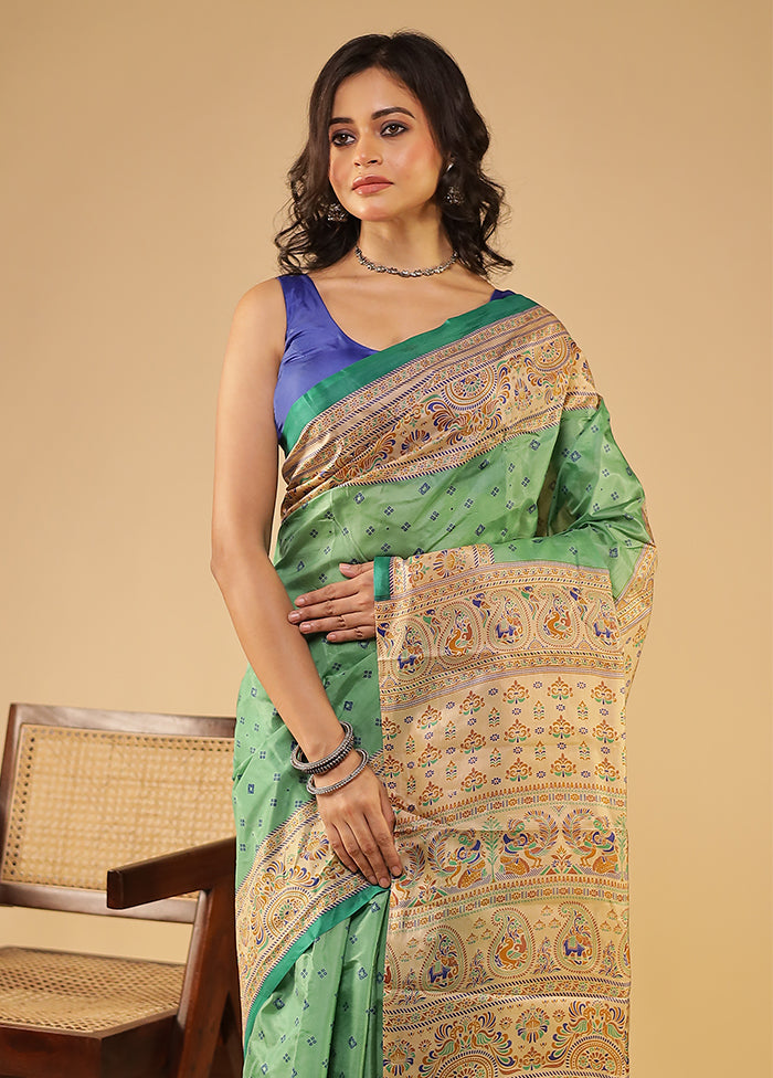 Green Printed Pure Silk Saree Without Blouse Piece