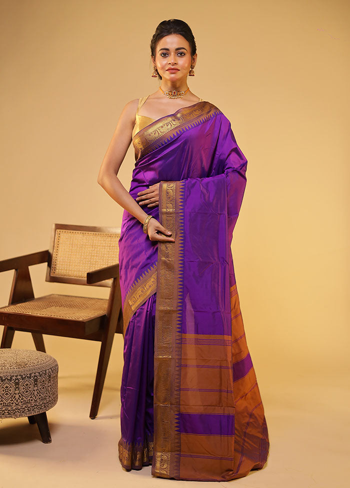 Purple Kanjivaram Silk Saree With Blouse Piece