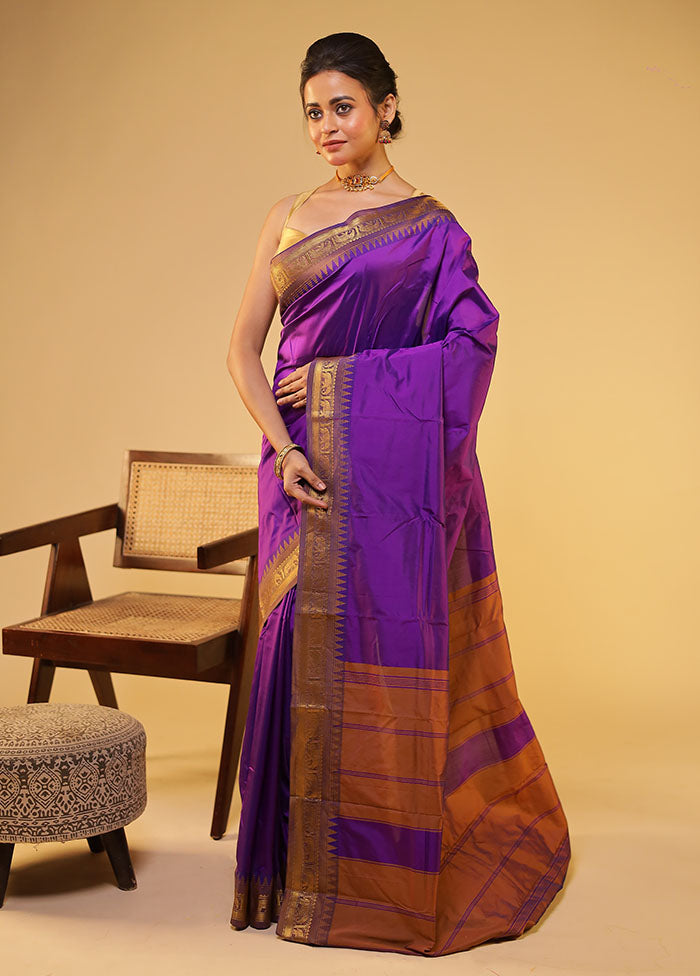 Purple Kanjivaram Silk Saree With Blouse Piece