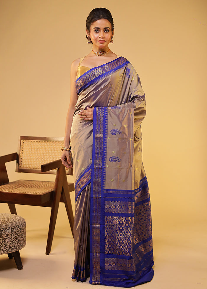Grey Kanjivaram Silk Saree With Blouse Piece