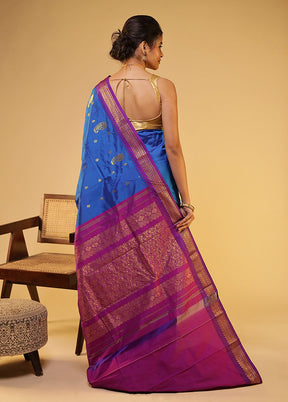 Blue Kanjivaram Silk Saree With Blouse Piece