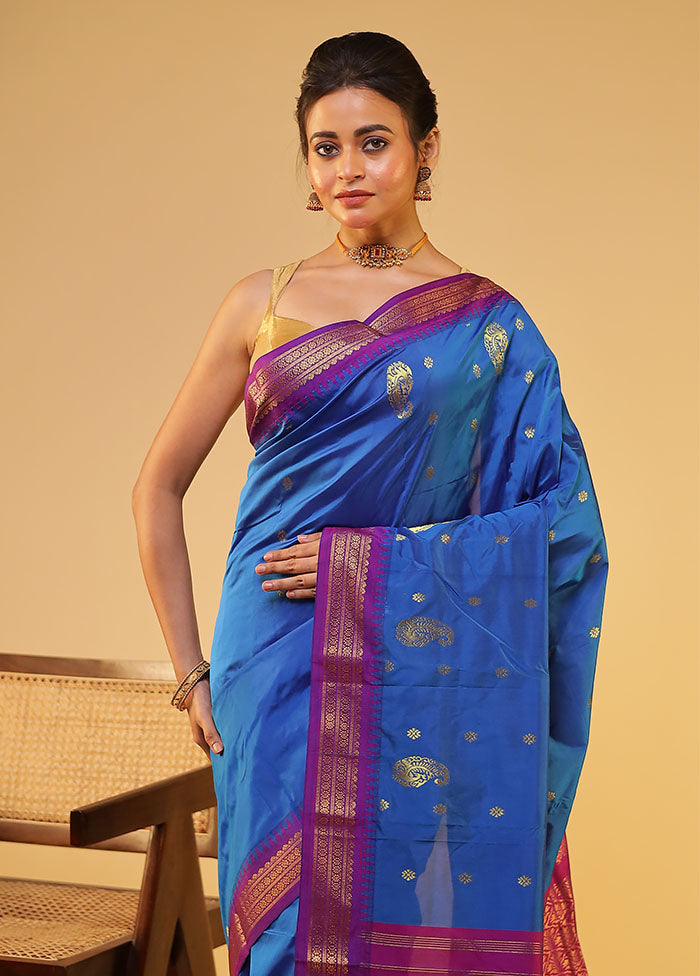 Blue Kanjivaram Silk Saree With Blouse Piece