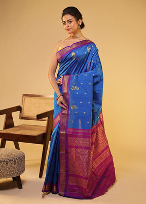Blue Kanjivaram Silk Saree With Blouse Piece