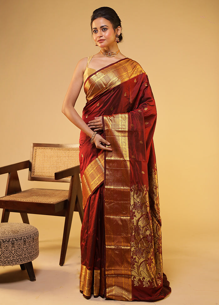 Purple Handloom Kanjivaram Pure Silk Saree With Blouse Piece