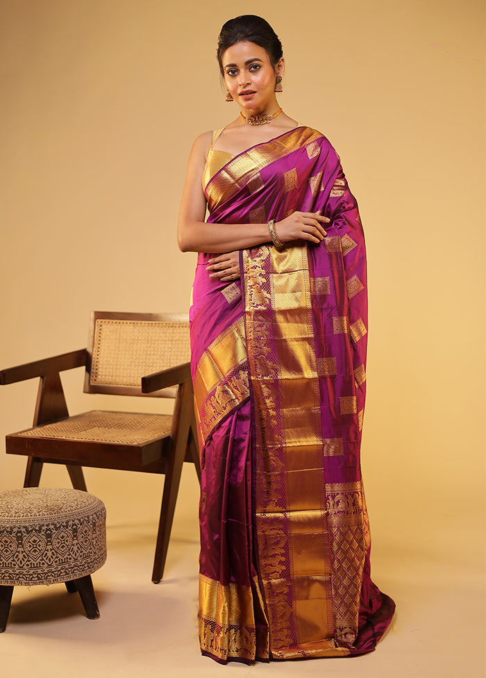 Purple Handloom Kanjivaram Pure Silk Saree With Blouse Piece