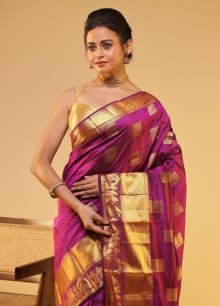 Purple Handloom Kanjivaram Pure Silk Saree With Blouse Piece