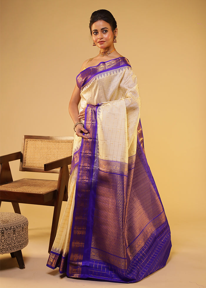 Cream Gadwal Pure Silk Saree Without Blouse Piece