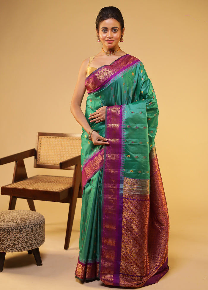 Green Gadwal Pure Silk Saree Without Blouse Piece