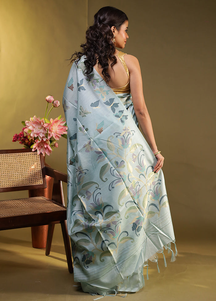 Green Tussar Silk Saree With Blouse Piece