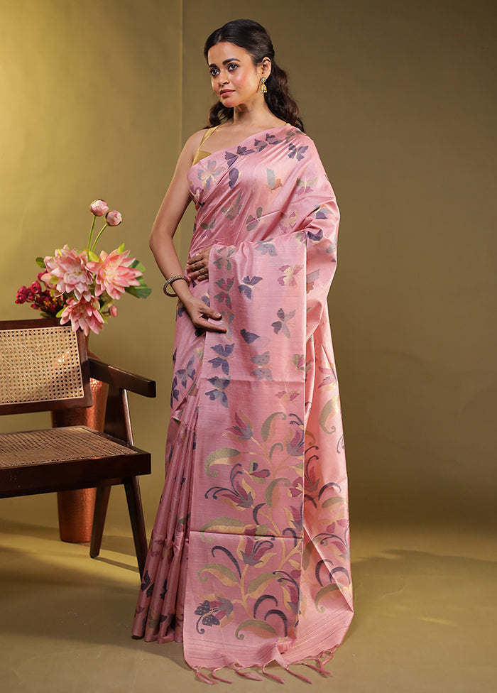 Pink Tussar Silk Saree With Blouse Piece