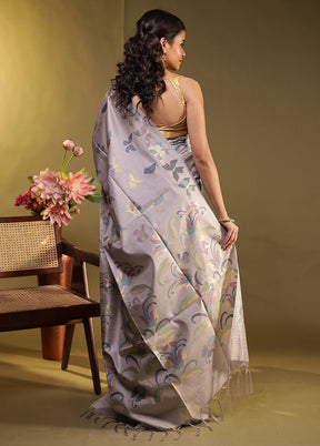 Grey Tussar Silk Saree With Blouse Piece