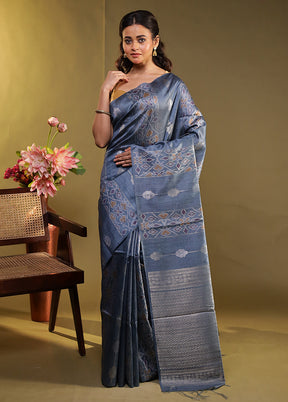 Blue Tussar Silk Saree With Blouse Piece