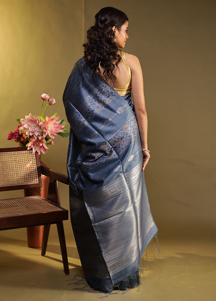 Blue Tussar Silk Saree With Blouse Piece