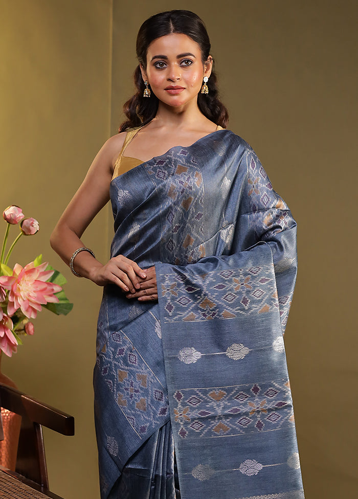 Blue Tussar Silk Saree With Blouse Piece
