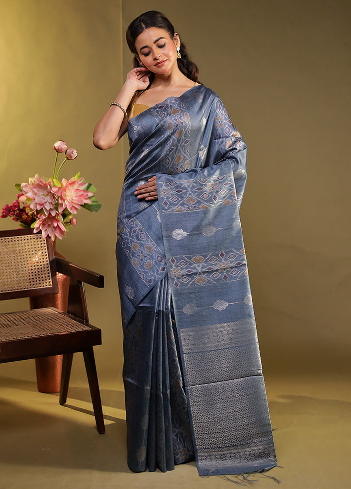 Blue Tussar Silk Saree With Blouse Piece