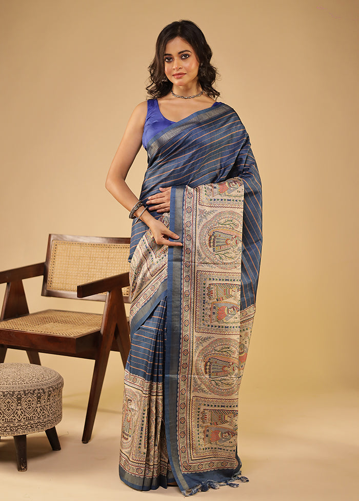 Blue Tussar Silk Saree With Blouse Piece