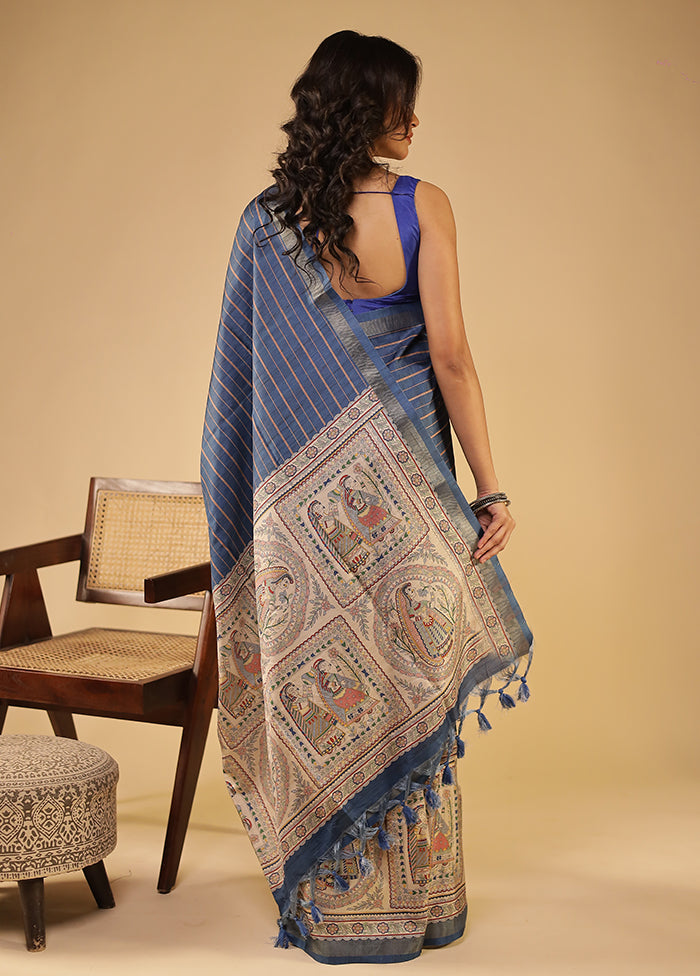 Blue Tussar Silk Saree With Blouse Piece