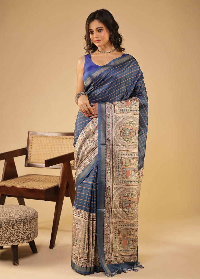Blue Tussar Silk Saree With Blouse Piece