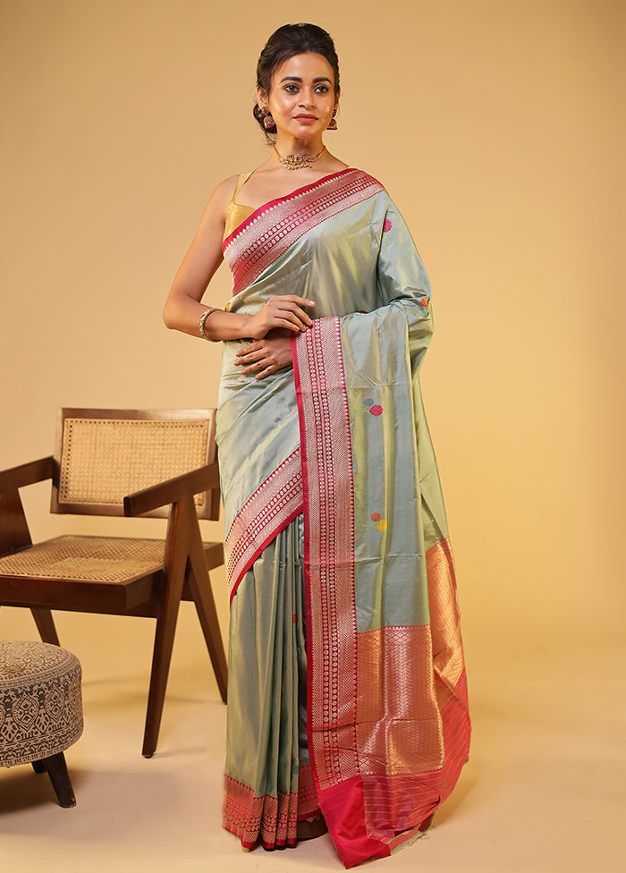 Green Handloom Katan Pure Silk Saree With Blouse Piece