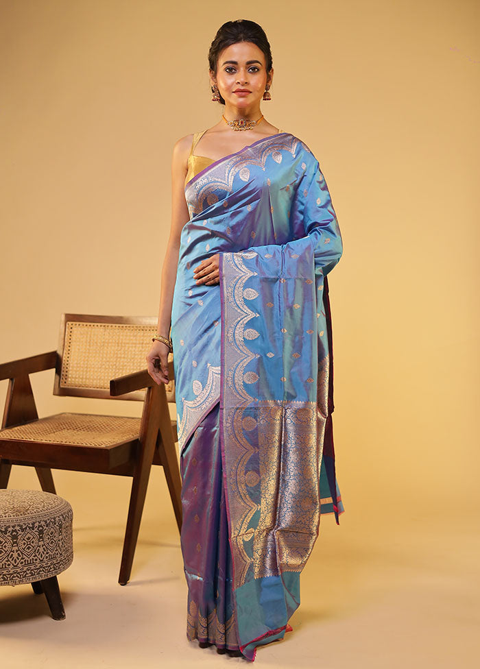 Blue Handloom Katan Pure Silk Saree With Blouse Piece