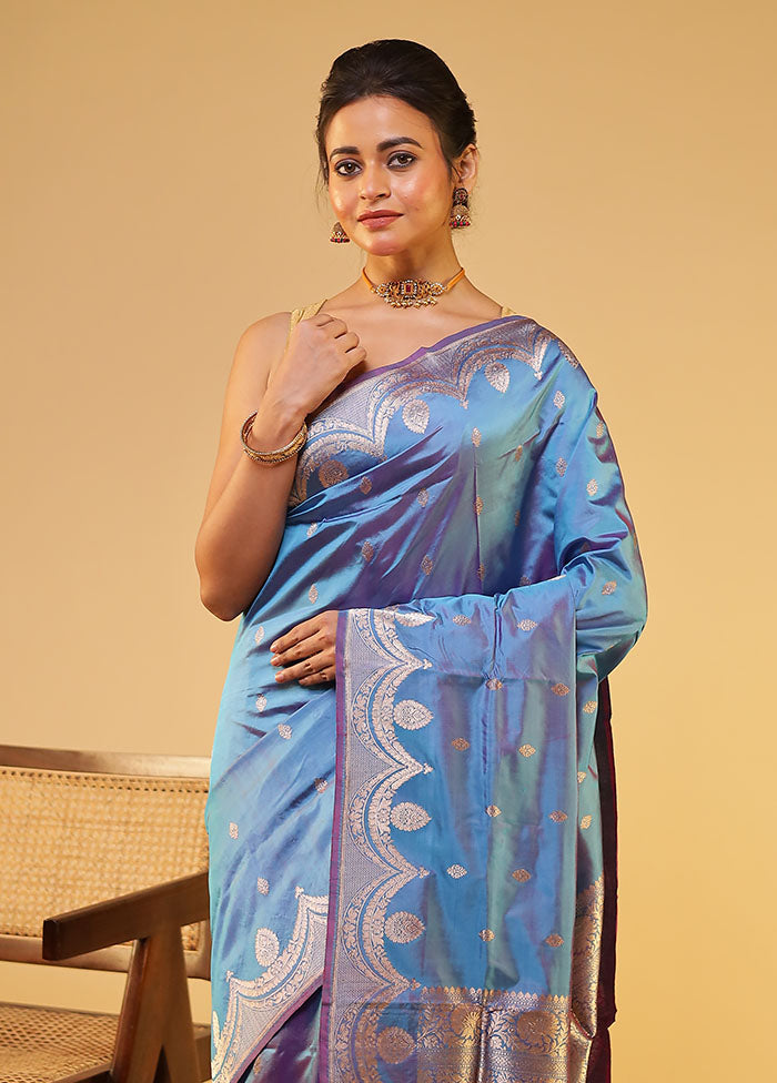 Blue Handloom Katan Pure Silk Saree With Blouse Piece
